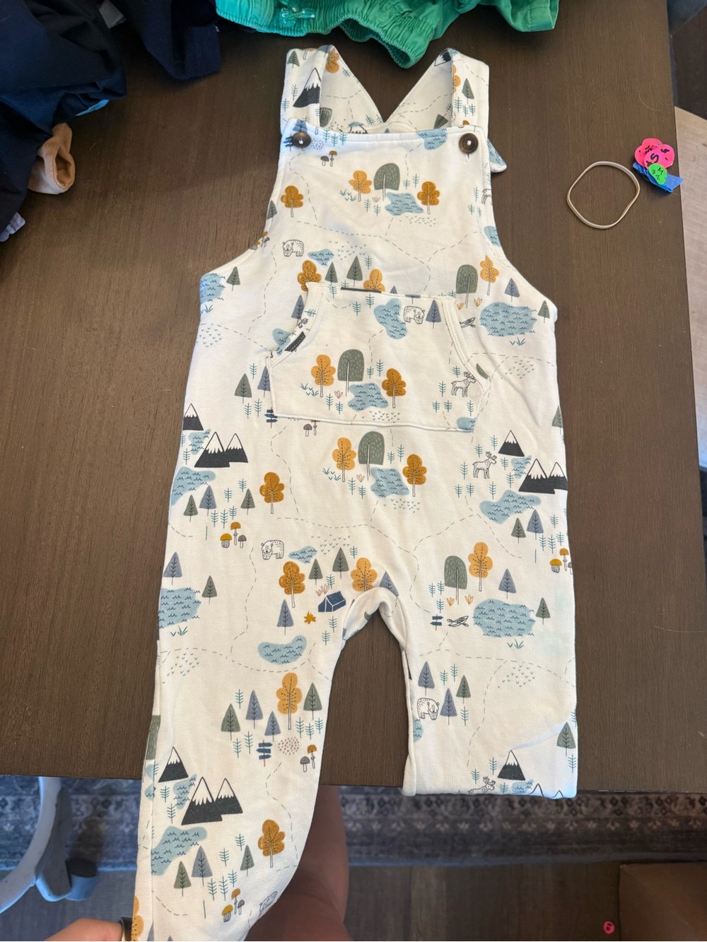 Little Sleepies Cream Woodland Print Overalls with Blue, Green & Mustard